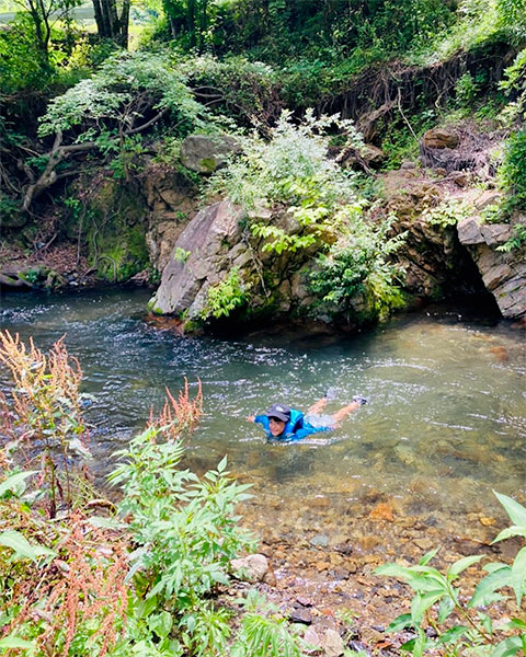 夏の川遊びの様子。大阪や東京では見られない川の透明度です。